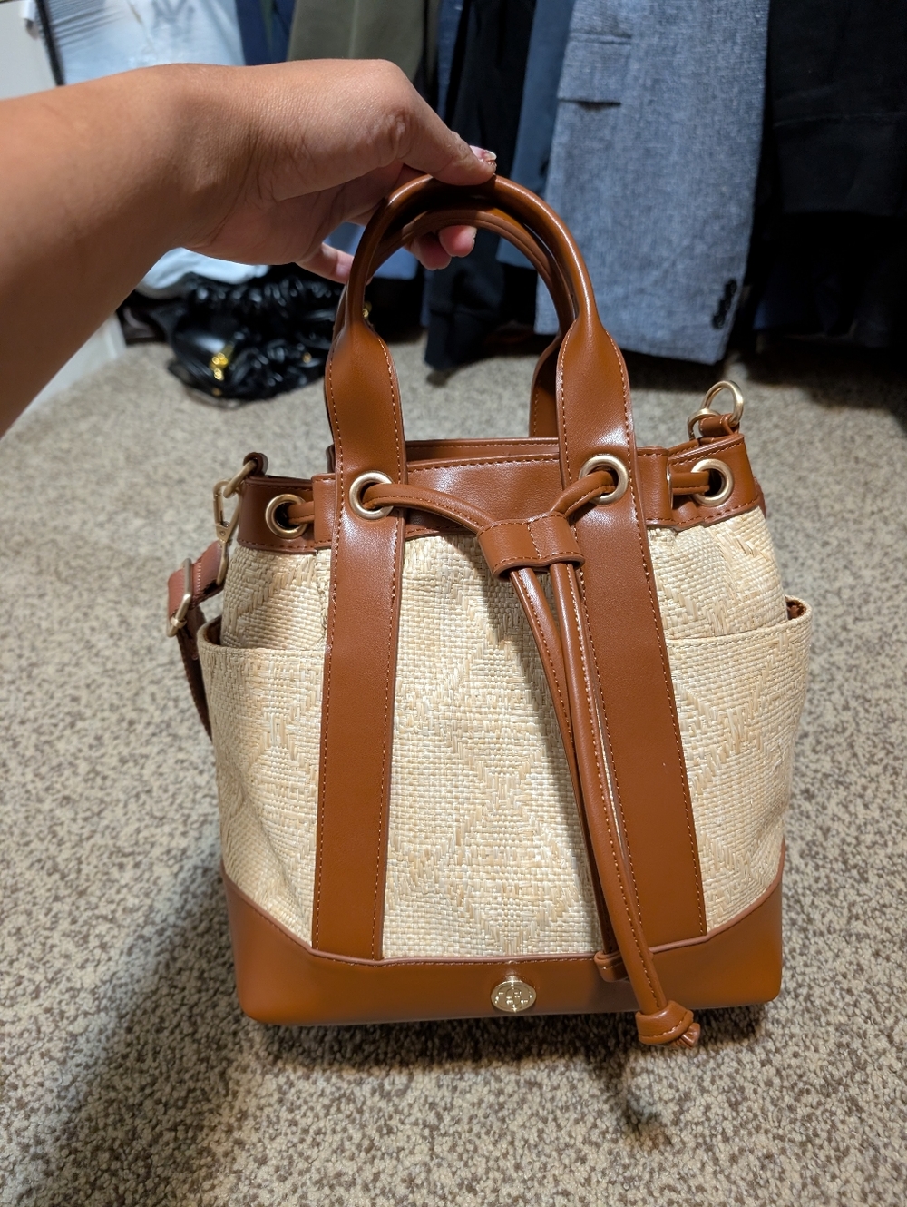 Tan Straw Drawstring Bucket Bag